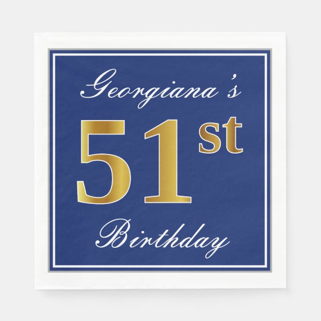 Elegantes Blau, Imitate Gold 51. Geburtstag; Indiv Serviette (Vorderseite)