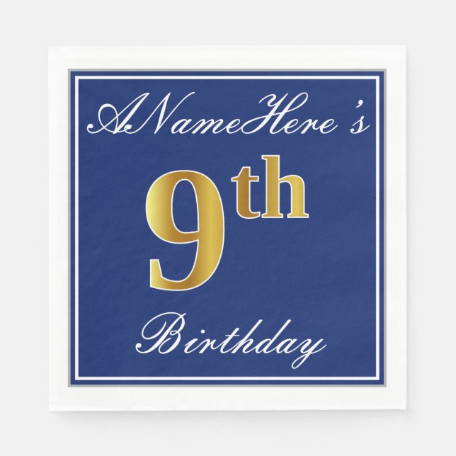 Elegantes Blau, Imitate Gold 9. Geburtstag + Indiv Serviette (Vorderseite)