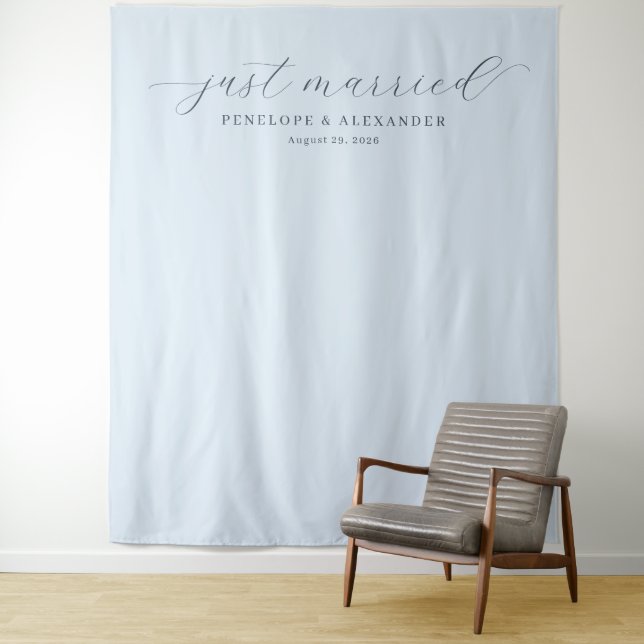 Elegantes Blau Just Married Banner Wandteppich (Beispiel)