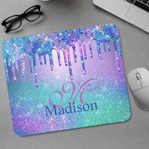 Elegantes blau-lila Ombre-Glitter-Tropfen-Monogram Mousepad