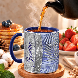 Elegantes blau-lila-silbernes Glitter-Blatt-Monogr Tasse