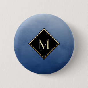 Elegantes Blau mit einfachem goldenen Monogramm Button