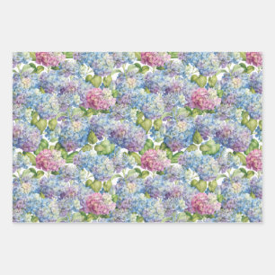 Elegantes Blau-Rosa Hydrangea Blumenmuster Geschenkpapier Set