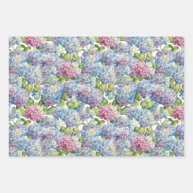Elegantes Blau-Rosa Hydrangea Blumenmuster Geschenkpapier Set (Vorderseite)