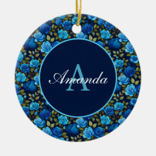 Elegantes Blau-Rose Blumenmuster Monogrammatisches Keramik Ornament