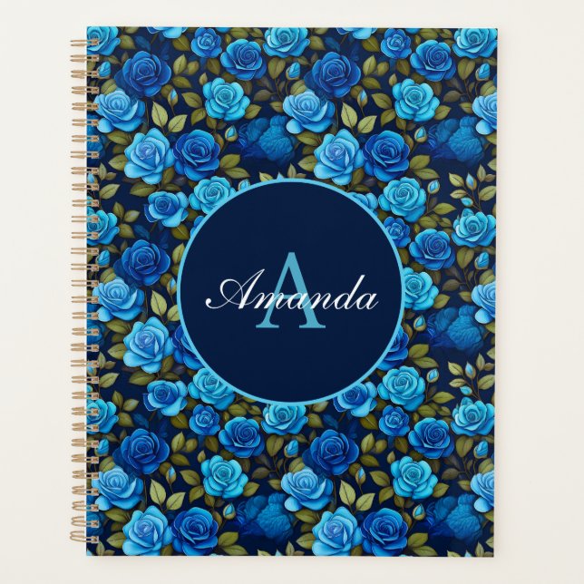 Elegantes Blau-Rose Blumenmuster Monogrammatisches Planer (Vorderseite)