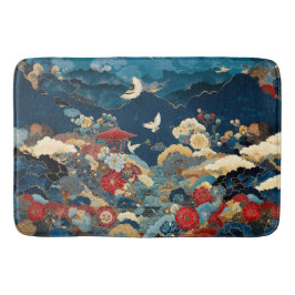 Elegantes Blau-Rot Japanisches Florales Kranich Pf Badematte