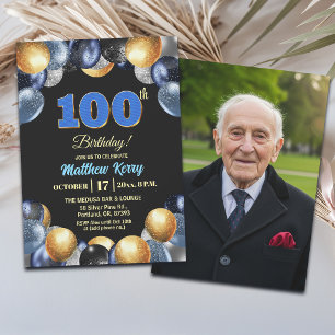 Elegantes Blau Silber Gold 100. Geburtstagsfoto Einladung