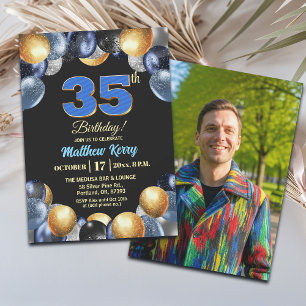 Elegantes Blau Silber Gold 35. Geburtstagsfoto Einladung