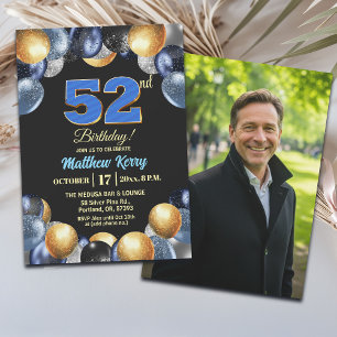 Elegantes Blau Silber Gold 52. Geburtstagsfoto Einladung