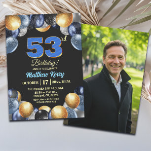 Elegantes Blau Silber Gold 53. Geburtstagsfoto Einladung