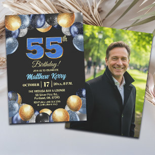 Elegantes Blau Silber Gold 55. Geburtstagsfoto Einladung