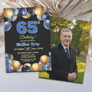 Elegantes Blau Silber Gold 65. Geburtstagsfoto Einladung