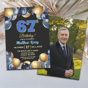 Elegantes Blau Silber Gold 67. Geburtstagsfoto Einladung