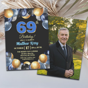 Elegantes Blau Silber Gold 69. Geburtstagsfoto Einladung