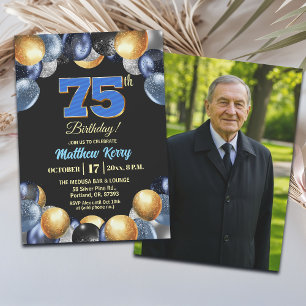 Elegantes Blau Silber Gold 75. Geburtstagsfoto Einladung