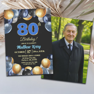 Elegantes Blau Silber Gold 80. Geburtstagsfoto Einladung