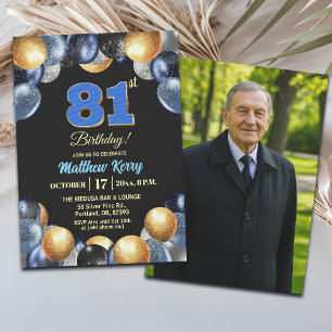 Elegantes Blau Silber Gold 81. Geburtstagsfoto Einladung