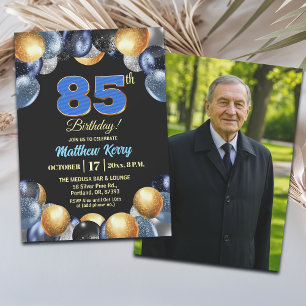 Elegantes Blau Silber Gold 85. Geburtstagsfoto Einladung