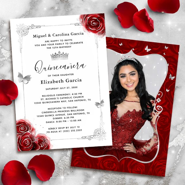 Elegantes Blau-Silber und Rotes Quinceanera-Foto Einladung (Easily add your own photo to the back, or use the space for extra event details.)