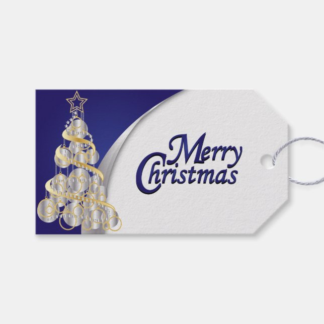 Elegantes Blau, Silber, Weiß und Gold Weihnachten Geschenkanhänger (Vorderseite (Horizontal))