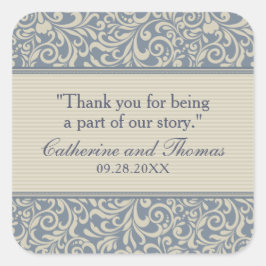 Elegantes Blau und Beige Muster Hochzeit Quadratischer Aufkleber