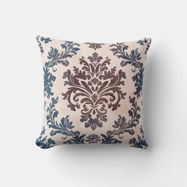 Elegantes Blau- und Burgundy Damask Muster Kissen (Vorderseite)
