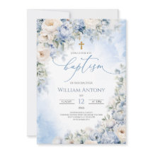 Elegantes Blau und Elfenbein Blumen Jungen Taufe C