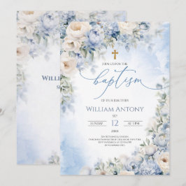 Elegantes Blau und Elfenbein Blumen Jungen Taufe C Einladung