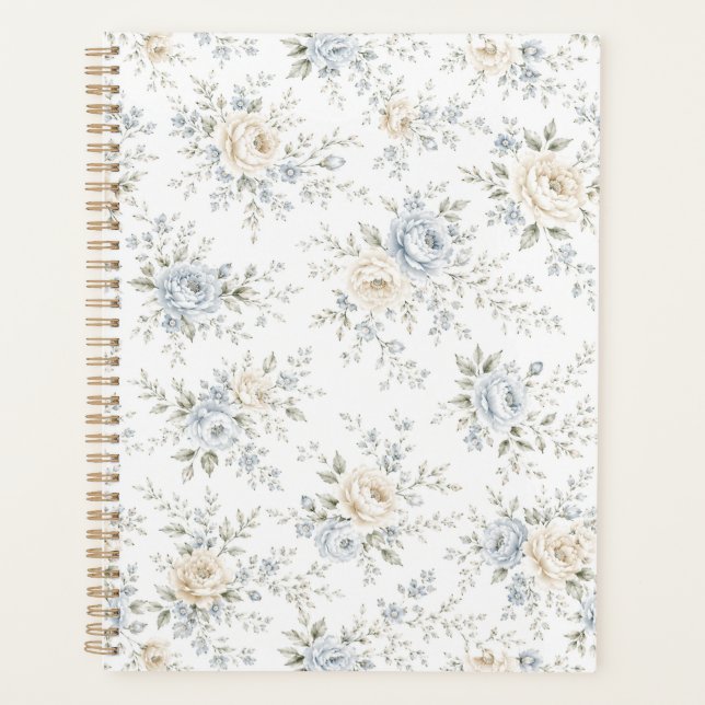 Elegantes Blau- und Elfenbein-Blumenmuster Planer (Vorderseite)