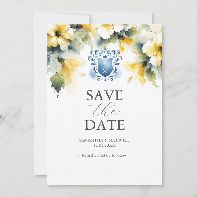 Elegantes Blau und Gelbe Blüte speichern Sie die D Save The Date (Vorderseite)