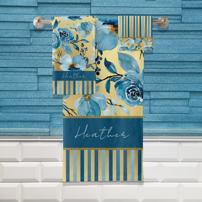 Elegantes Blau und Gold Aquarellfarben Badhandtuch Set (Von Creator hochgeladen)