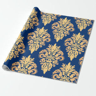 Elegantes Blau- und Gold-Classic-Damask-Muster Geschenkpapier