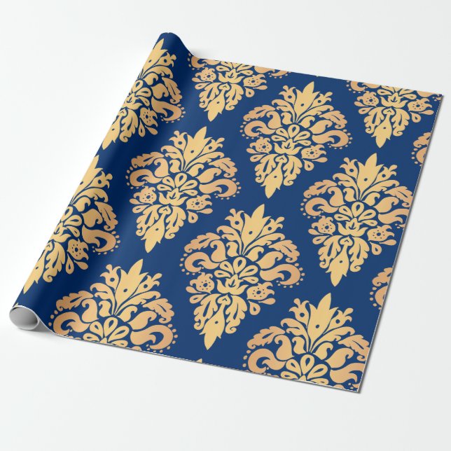 Elegantes Blau- und Gold Classic Damask Muster Geschenkpapier (Ungerollt)