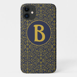 Elegantes Blau- und Gold-Filigran-Monogramm Case-Mate iPhone Hülle
