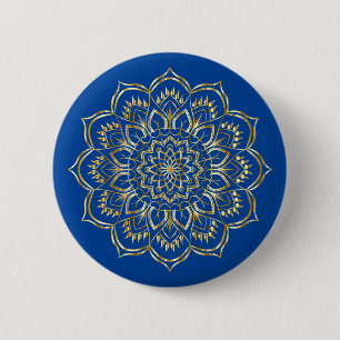 Elegantes Blau- und Gold Floral Mandala Muster Button