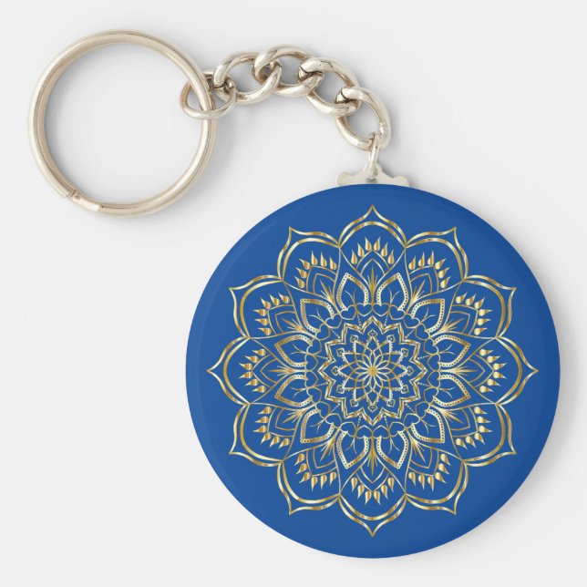 Elegantes Blau- und Gold Floral Mandala Muster Schlüsselanhänger (Vorne)