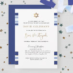 Elegantes Blau und Gold gestreift Tallit Bar Mitzv Einladung<br><div class="desc">Freuen Sie sich auf das elegante Bar Mitzvah-Interieur mit blauen, blassblauen, weißen und goldgestreiften Tallit-Design! Die Möglichkeit, Ihre Zeremonie und Empfang, Mittag, Abendessen oder Party Details hinzuzufügen! Goldstreifen, Bar Mitzvah Phrase und Stern von David in Imitaten Goldfolie. Moderne handgeschriebene Kalligrafiedetails. Stilvoll in Blau mit dem Namen in der Mitte in...</div>