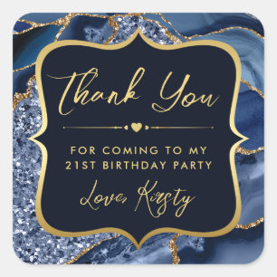 Elegantes Blau und Gold Glitter Achat Geburtstag Quadratischer Aufkleber