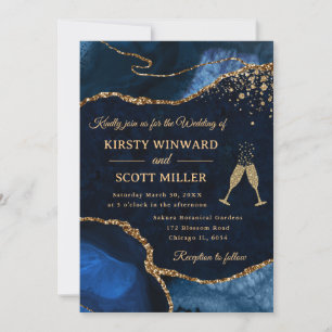 Elegantes Blau und Gold Glitter Achat Hochzeit Einladung