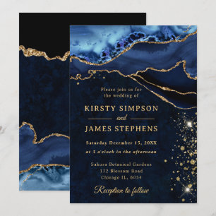 Elegantes Blau und Gold Glitter Achat Hochzeit Einladung