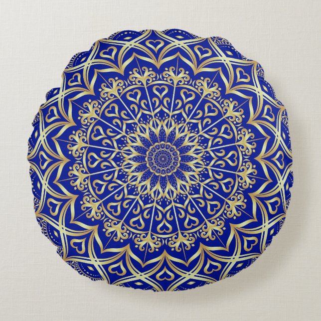 Elegantes Blau und Gold Mandala Dekorative Rundes Kissen (Vorderseite)