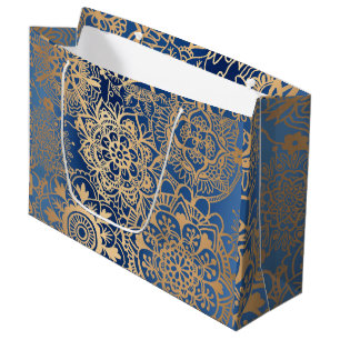 Elegantes Blau und Gold Mandala Muster Große Geschenktüte