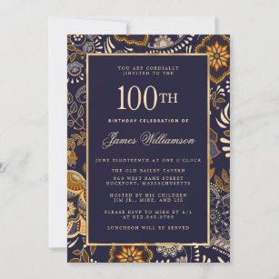 Elegantes Blau und Gold Muster 100. Geburtstag Einladung