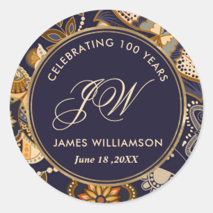 Elegantes Blau und Gold Muster 100. Geburtstag Runder Aufkleber