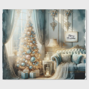 Elegantes Blau und Gold Vintage-Weihnachten  Geschenkpapier