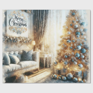 Elegantes Blau und Gold Vintage-Weihnachten  Geschenkpapier