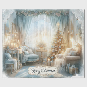 Elegantes Blau und Gold Vintage-Weihnachten  Geschenkpapier