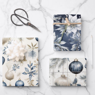 Elegantes Blau- und Gold-Weihnachtsmuster Geschenkpapier Set