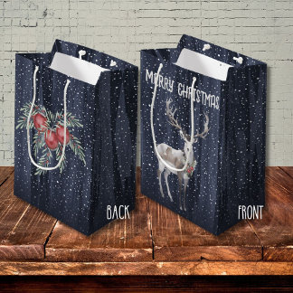 Elegantes Blau und Gray Snowy Rentier Weihnachten Mittlere Geschenktüte